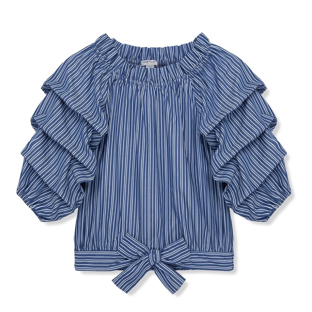 Habitual Girls Joyce Blue Stripe Ruched Sleeve Tie-Hem Top